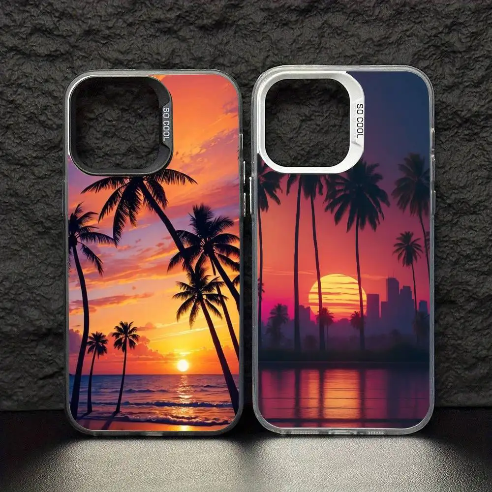 

Sea Tropical Palm Trees Beach Phone Case For iPhone17,16,15,14,13,12,11 Pro Max Blcak Colorful Silver Plated Inside Cover