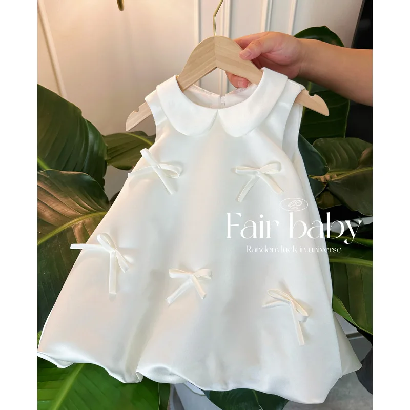 High-End White Spring Outfit for Girls' First Birthday, Flower Girl Wedding Dress, Princess Sleeveless Tank Dress for Baby Girls