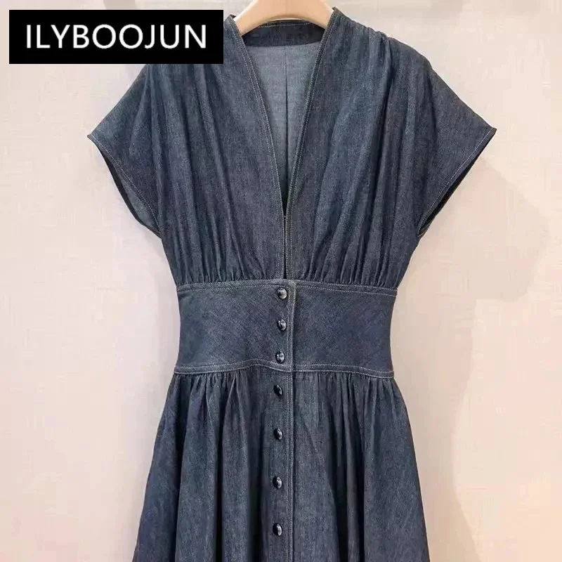 ILYBOOJUN Fashion Designer Spring Summer women\'s Cotton Short Sleeve Single-Breasted Folds Streetwear Dark Blue Denim Dresses