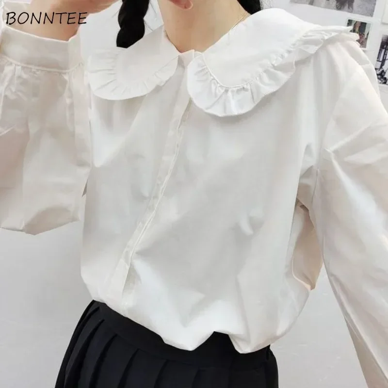 

Sweet Girlish Shirts Women Gentle Preppy Style Peter Pan Collar Aesthetic Pure Ruched Design Kawaii Camisas Puff Sleeve Autumn