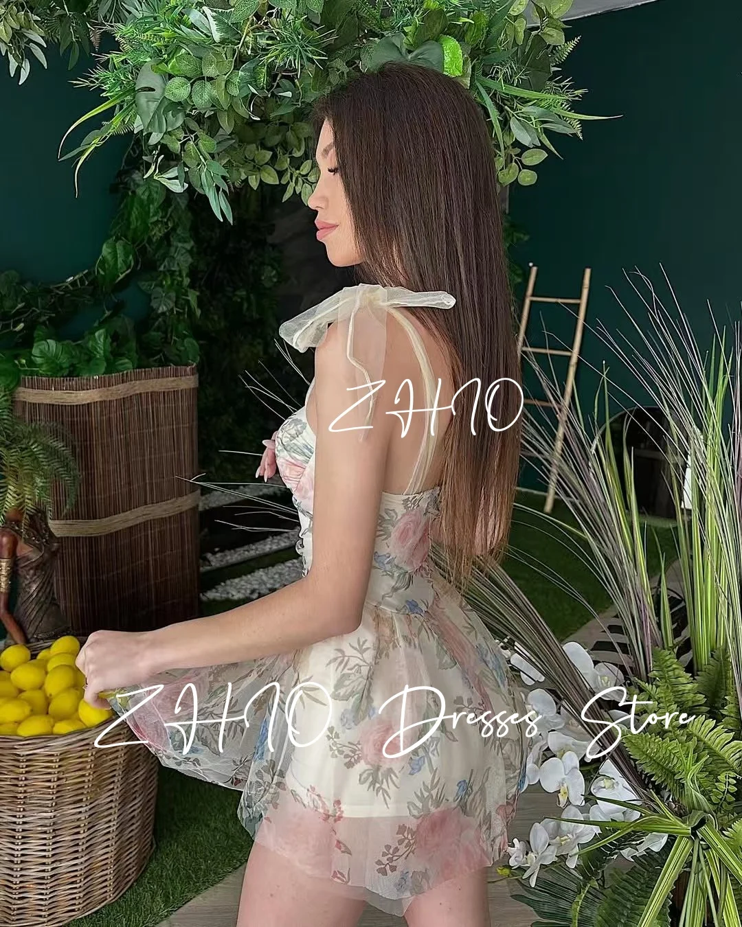 ZHIO Elegant Floral Print Short Wedding Party Dress Spaghetti Strap Bow A-Line Draped Mini Special Occasion Prom Gown Customized