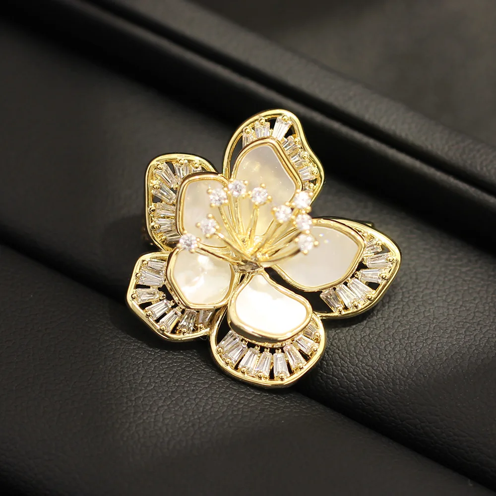 Chinese Style Natural Mother Of Pearl Cherry Blossom Brooch Golden Double Layer Petal Zircon Inlaid Lucky Auspicious For Women