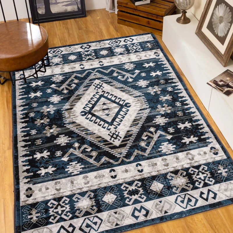 

Area Rug 6x9 Vintage Bohemia Large Persian Non-slip Washable Rug For Living Room Kitchen Bedroom Living Room Geometry Blue/Black
