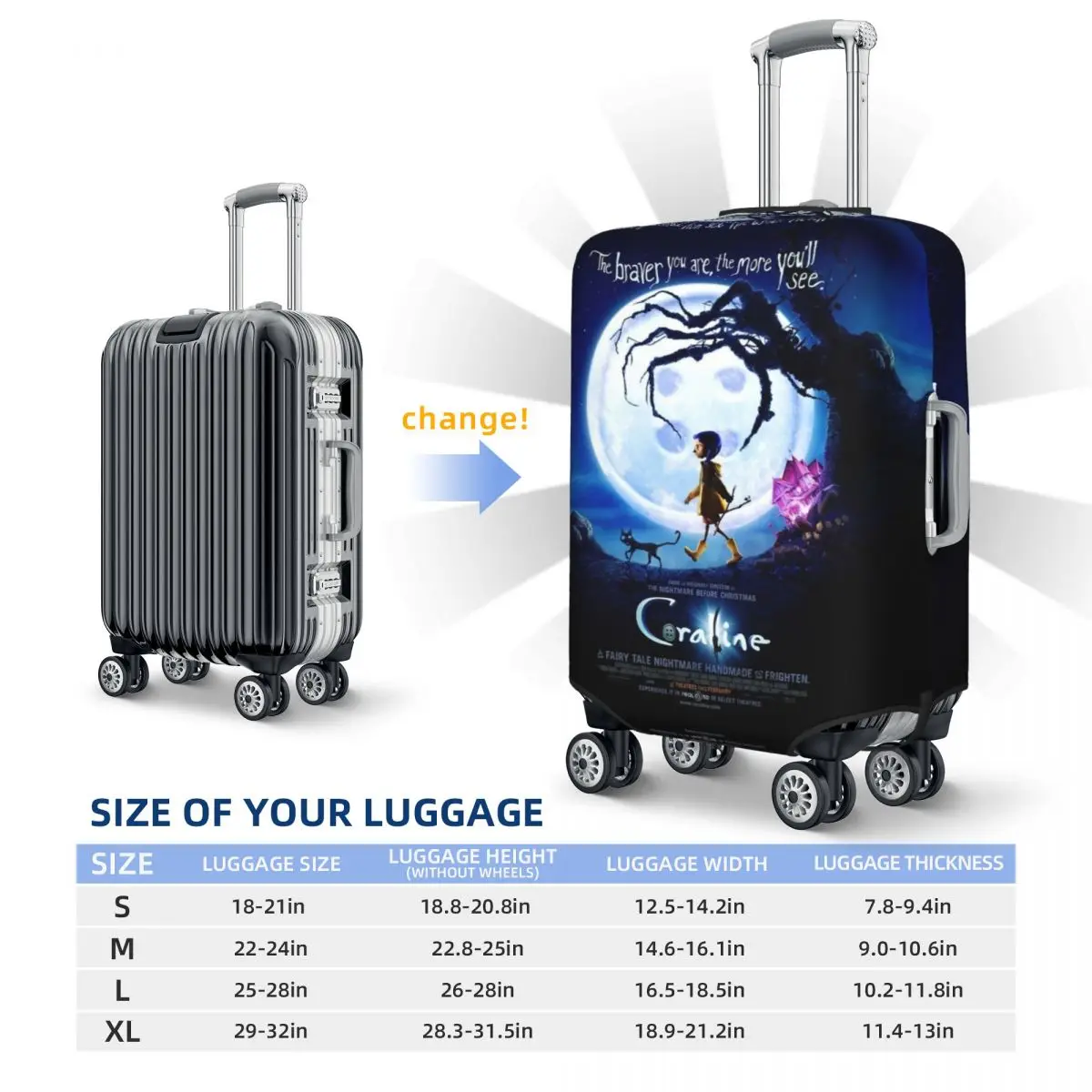 Custom Halloween Horror Movie Coraline Luggage Cover Elastic Travel Suitcase Protective Covers Suit For 18-32 inch