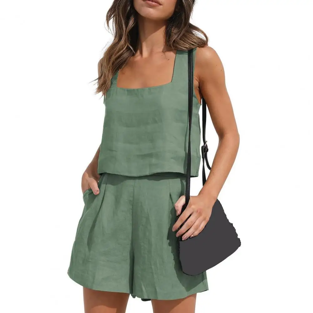 Women Solid Color Outfits Sets Sleeveless Sling Vest Casual Shorts Pockets Tops High Waisted Pants Suit Two Piece Lounge Sets