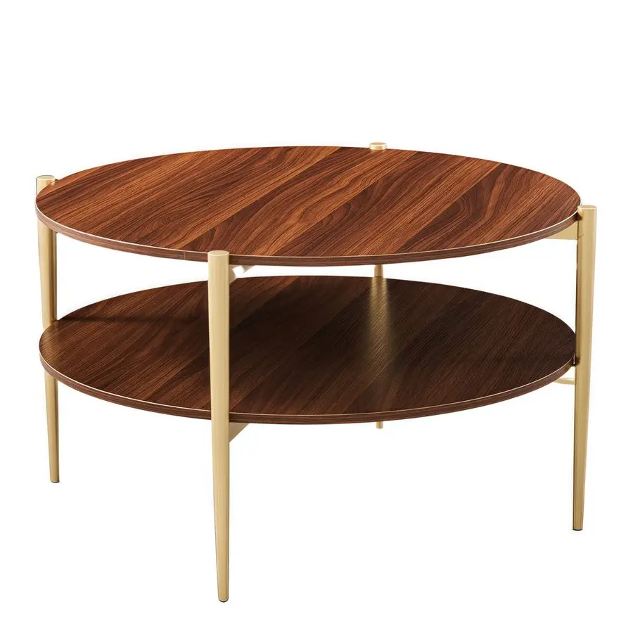 Mesa de centro redonda de vidrio, diseño moderno de mediados de siglo, D30 x H17 pulgadas, mesa redonda de dos niveles con estantes de MDF de nogal, elegante cono