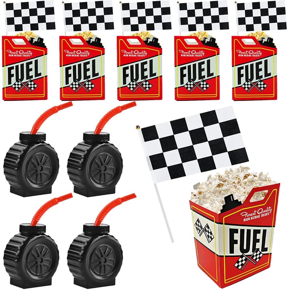 Gobelets en forme de pneus de voiture de course, bidons de carburant de voiture de course, boîtes à friandises pour pop-corn, drapeau de course à carreaux, cadeaux et faveurs pour enfants, fournitures