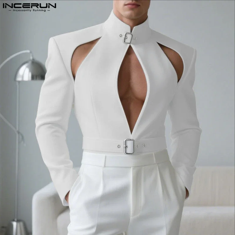 

INCERUN Men Blazer Solid Stand Collar Long Sleeve Hollow Out Male Suit Streetwear Personality Fashion Casual Blazer With Belt