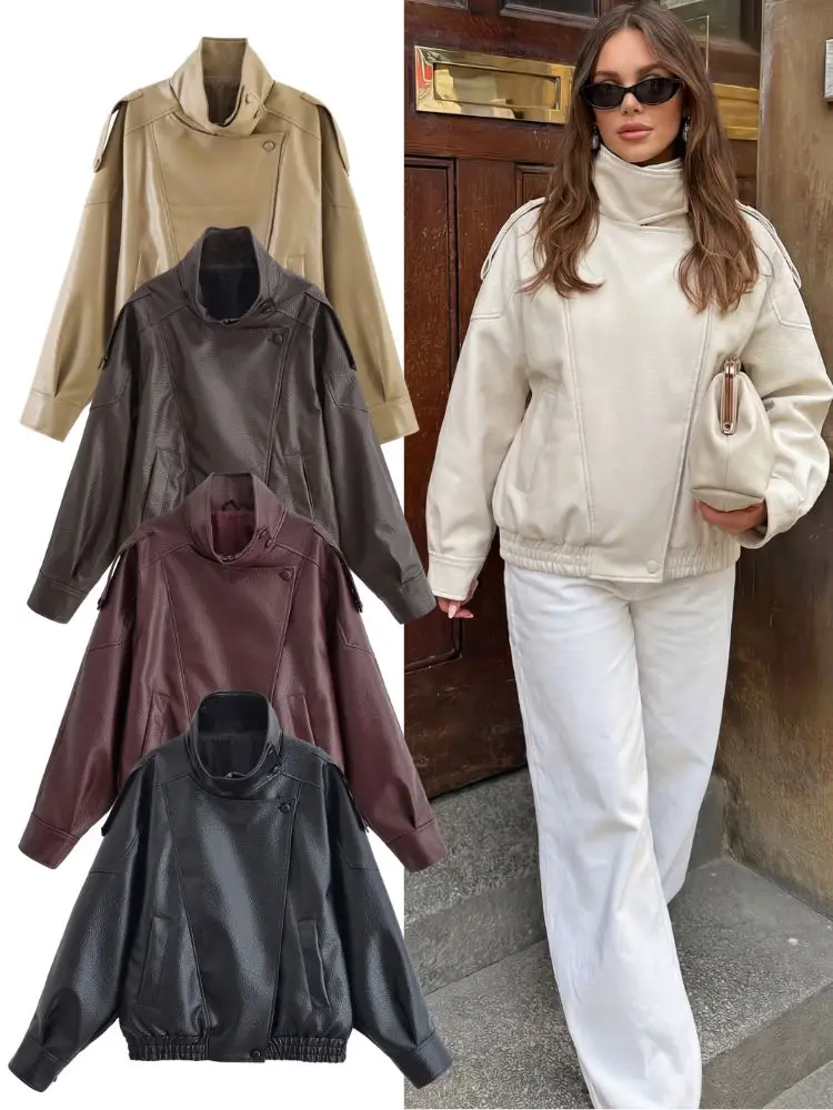 Chaqueta de Cuero Sintético para Mujer HH, Primavera-Otoño 2026, Estilo Vintage, Holgada, Tipo Biker, Cuello Alto, Resistente al Viento, Ropa Urbana