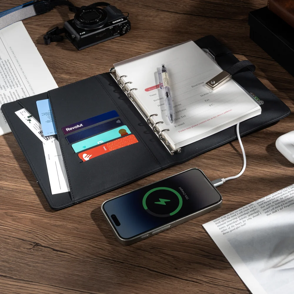 دفتر ملاحظات A5 مزود بنك طاقة مدمج، شحن لاسلكي، كابل شحن 3 في 1، محرك USB، مجلة متعددة الوظائف للمكتب