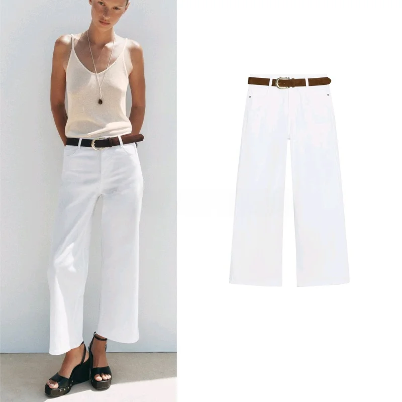 

Summer New Women's High Waist Wide Leg Jeans Belted Five Pocket Design Casual Zipper Style Loose Fit Long Pants