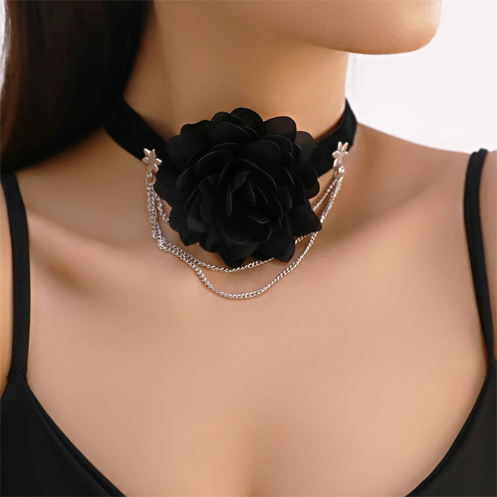 

Black Flower Velvet Choker For Women Tassel Layered Necklace Clavicle Chain New Y2k Exaggerated Pendant Necklace Jewelry Female