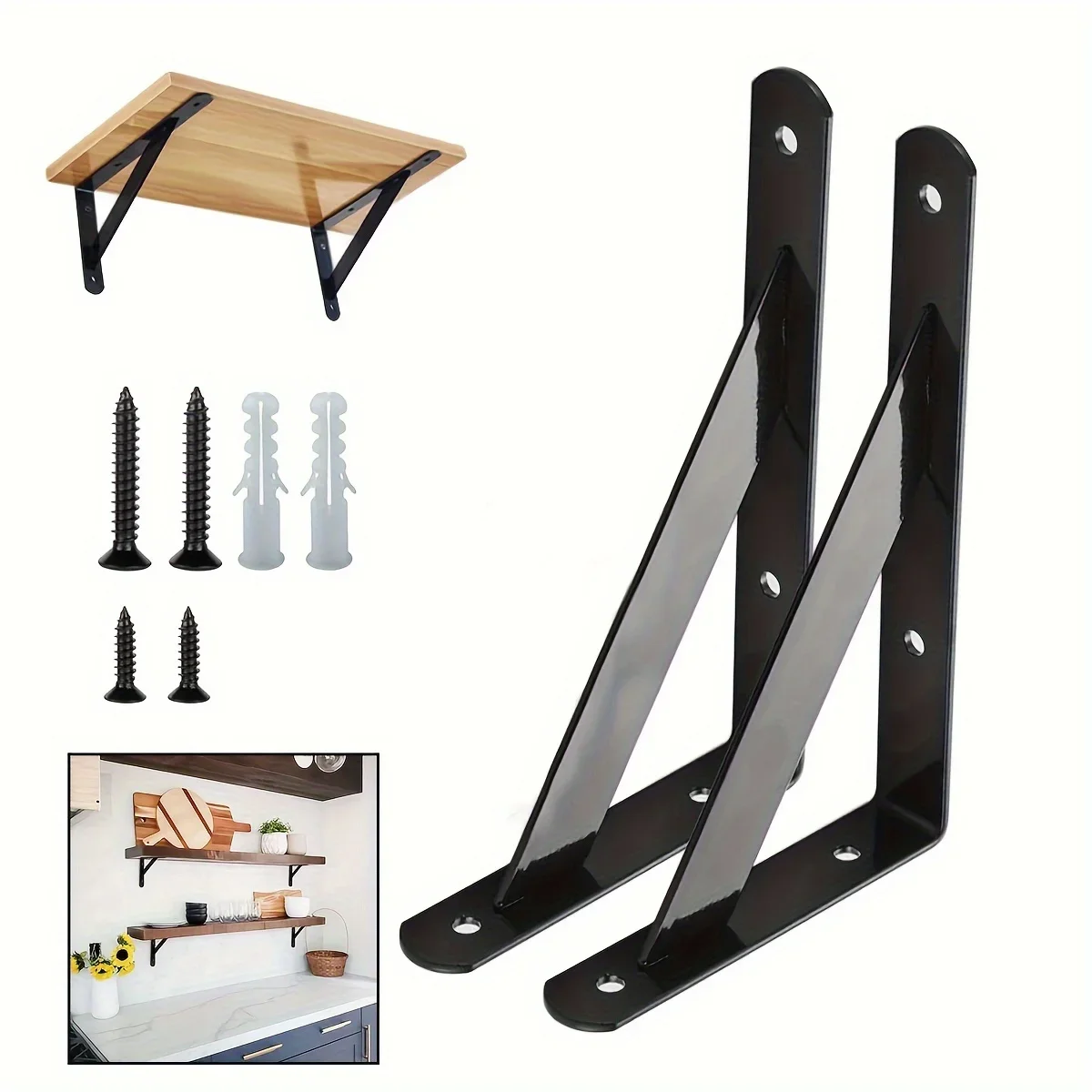 6PCS Shelf Floating Bracket Tripod Bracket Heavy-Duty Black Steel, Used for Decorative Wall Mounted Installation, with Screws
