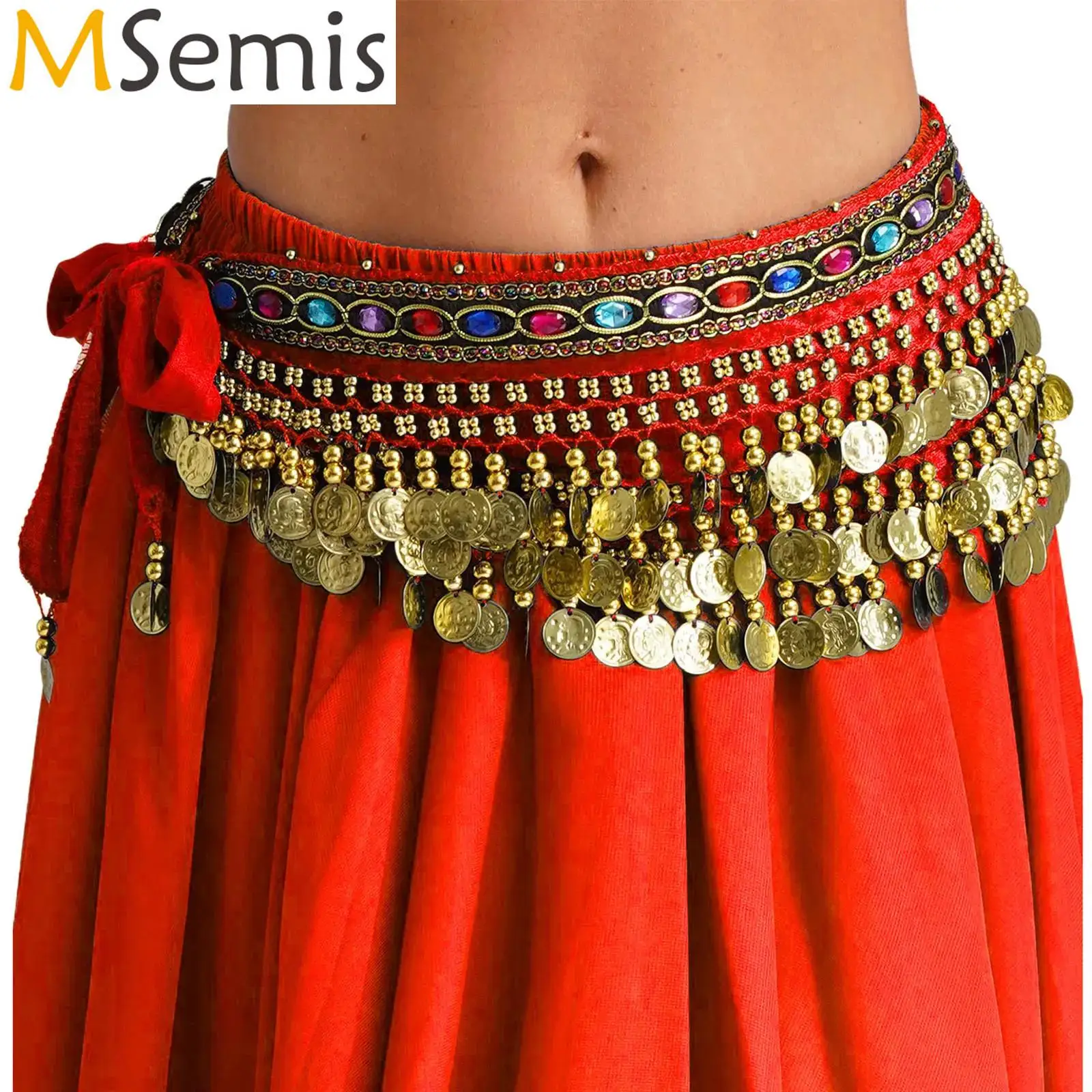 Womens Belly Dance Velvet Hip Scarf Dancewear Rhinestones Plastic Beads Tassels Waist Hip Chain Skirt Belly Performance Costume