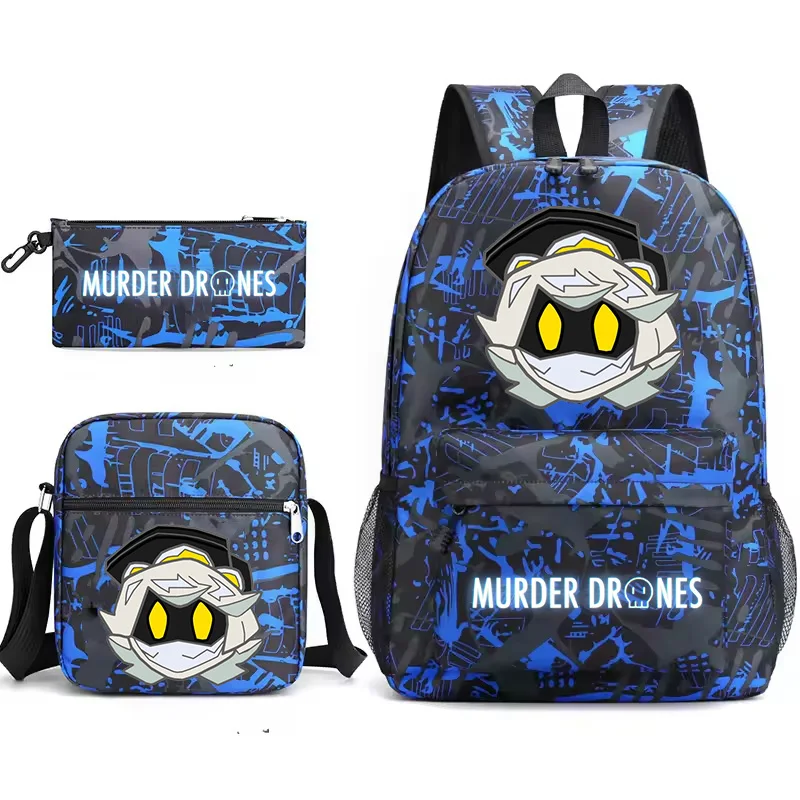 

Новый рюкзак Murder Drones, комплект из 3 предметов, школьные сумки с героями мультфильмов для мальчиков и девочек, сумка на плечо, пенал, сумки для книг Murder Drones, уличные сумки