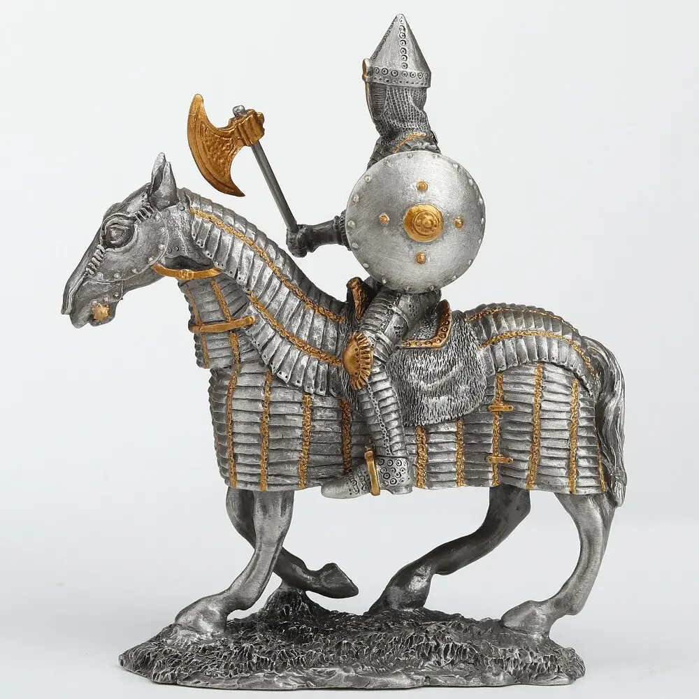 Vintage Alloy Medieval Heavy Cavalry Knight Figurine Silver Tone Gilded Armored Horseman Statue Desktop Ornament Home Decor Gift