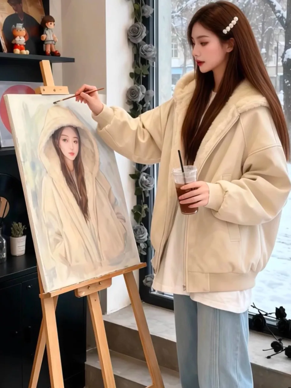 

American Retro PU Leather Jaet Thiened Floing Cotton Outerwear Women's Winter Coat Inteated Fur Coat Zipper Closure L...