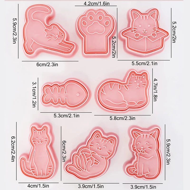 8Pcs Cat Cookie Mold Set Cartoon Cat Claw Fish Bone Shape Cookie Stamp Fondant Cake Decoration Tools 3D Hand Pressure Plastic