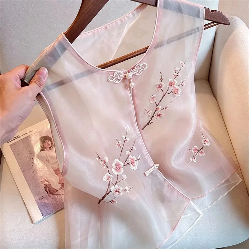 Women Coat  Fashion Pink Beautiful Design Sense Plum Blossom Embroidery National Wind Yarn Gentle Wind Light Age Loose Vest Coat