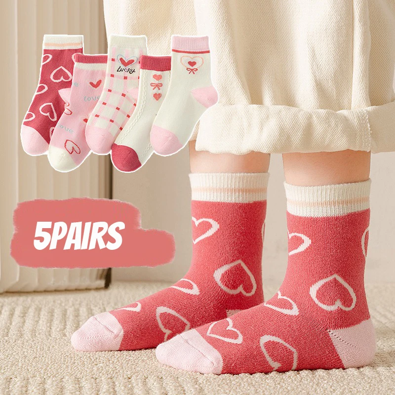 5 Pairs Children's Socks, Cute Girls' Socks, Middle Tube Socks, Love Sweet Girls' Autumn/Winter Princess Socks