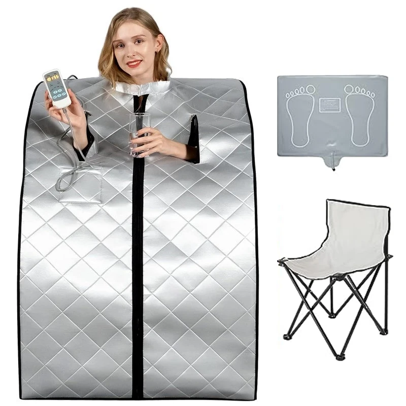 Far Infrared Sauna Full Body One Person Portable SPA Set with Time Tempreture Remote Control Heating Foot Pad and Foldable Chair