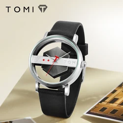 TOMI Fashionable and Minimalist Men's Leather Watch Strap Personalized Hollow Perspective Glass Bottom Cover Quartz Watch