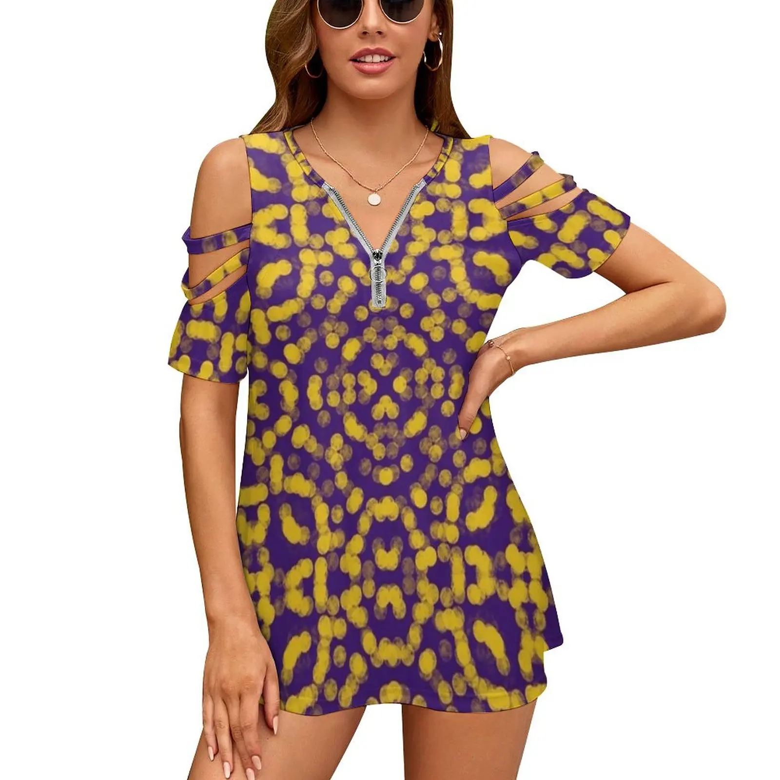 Artsy Purple And Gold Yellow Game Day Pattern New Fashion Zip Off Shoulder Top Short-Sleeve Women Shirt Purple Yellow Gold Lsu