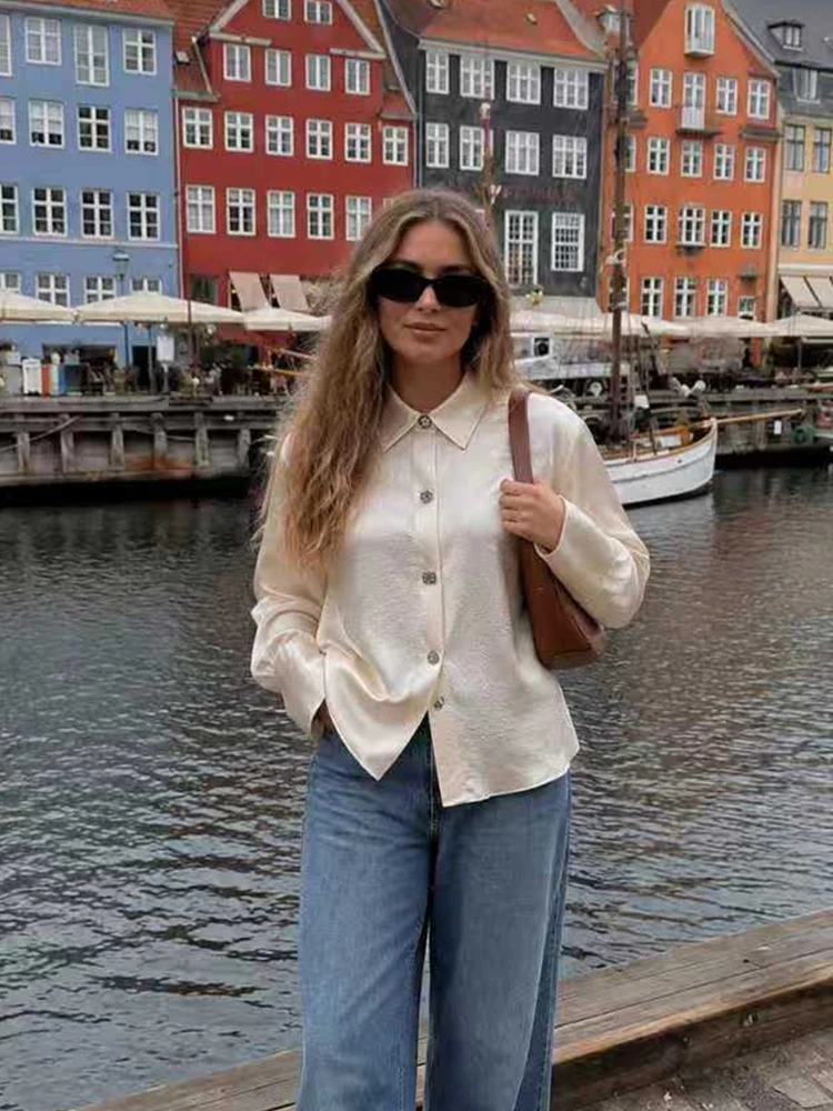 HH Sophisticated Ivory Blouse for Women Fall Winter 2026 Silky Satin Wide Cuffs Embellished Buttons Elegant Date Office Outfit