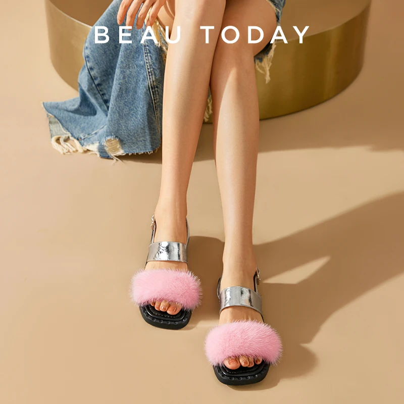 

BEAUTODAY Fashion Sandals Women Synthetic Leather Fur Buckle Strap Square Toe Elegant Ladies Shoes Handmade 32464