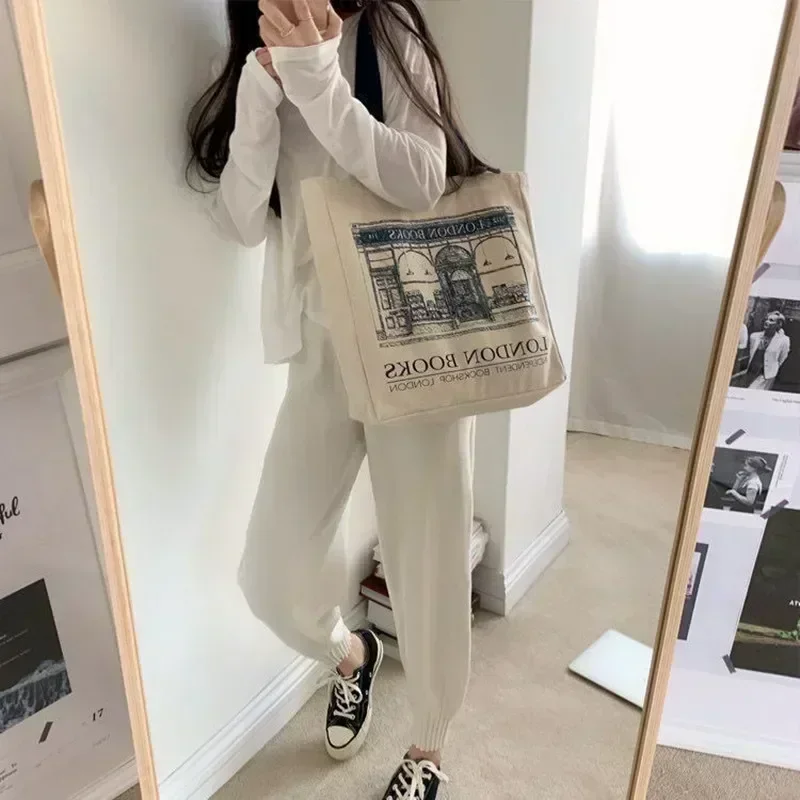i-LWE2 Women Canvas Shoulder Bag London Books Print Ladies Casual Handbag Tote Reusable Large Capacity