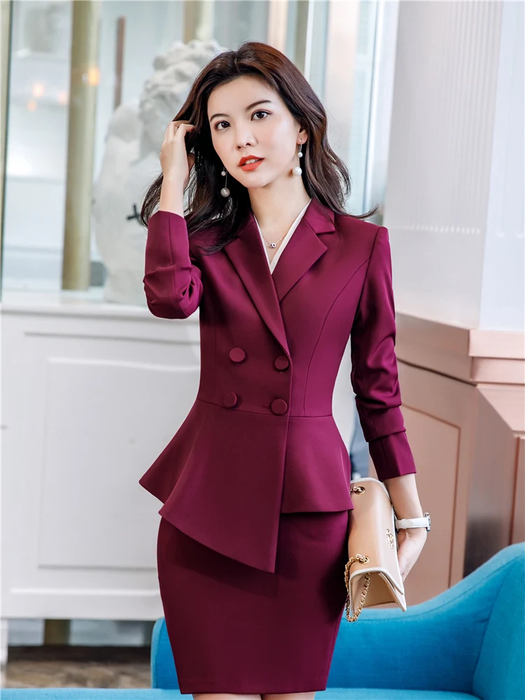 Women Red Blazer Slim Spring Autumn New Elegant Office Lady Work Suit Ruffled Double Breasted Blazer Solid Dushicolorful