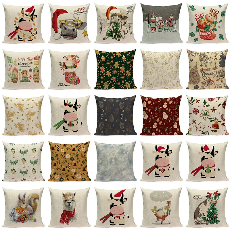 Merry Christmas Cow Throw Pillow Case Alpaca Bullul Printing Bed Home Decor Cushion Cover Snowman Llama Housse De Coussin