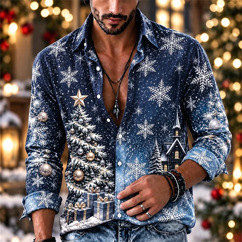 New men's shirt wine red Santa Claus leading reindeer pine forest snow scenery gold border print slim fit shirt