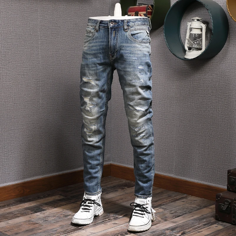 Italian Fashion Men Jeans High Quality Retro Blue Elastic Slim Ripped Jeans Men Patchwork Designer Vintage Denim Pants Hombre