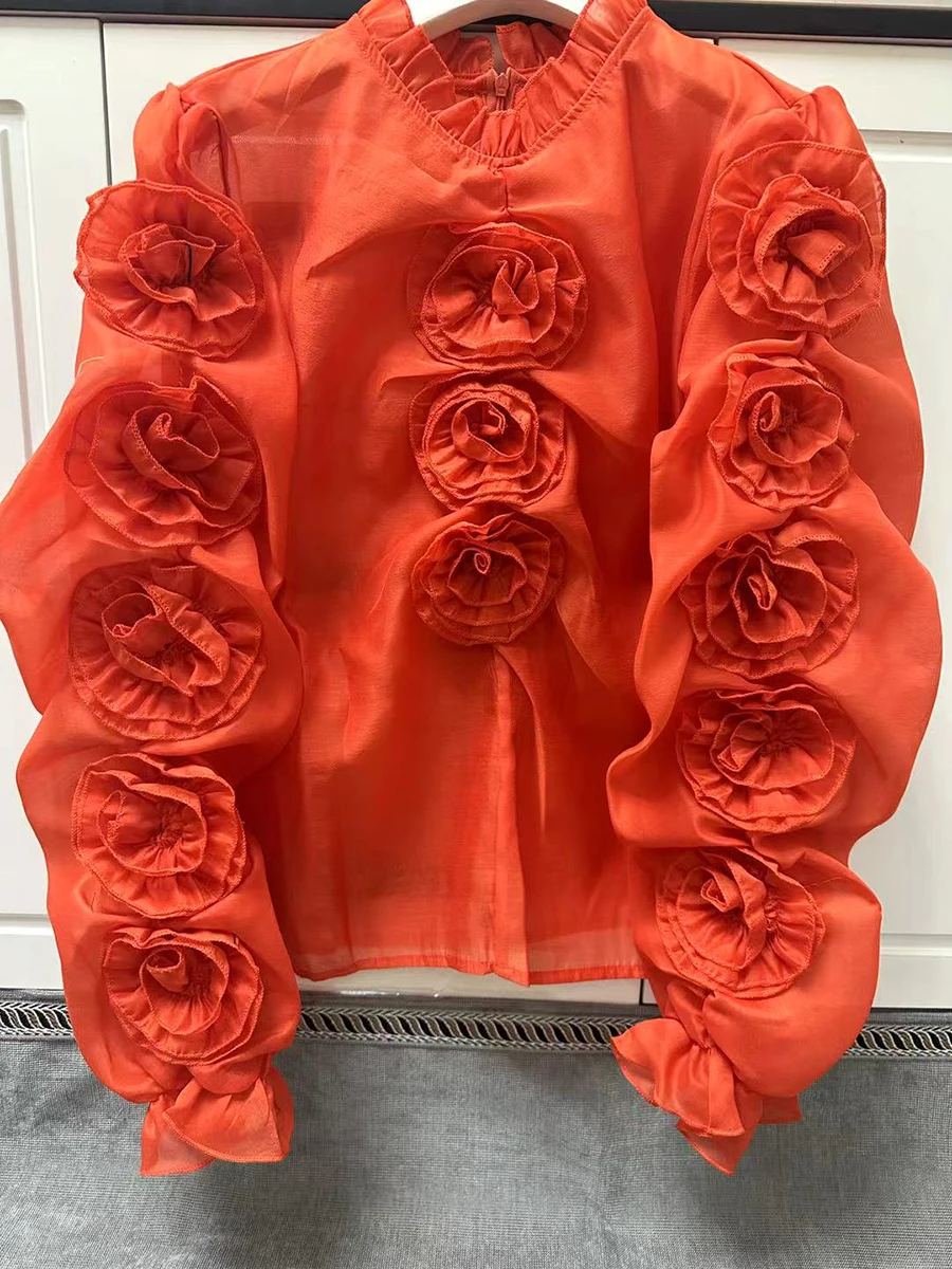 GALCAUR Solido Allentato Impiombato Fiori 3D Camicetta Elegante per Le Donne Girocollo Maniche Lunghe Patchwork Fungo Top Abbigliamento Femminile Nuovo