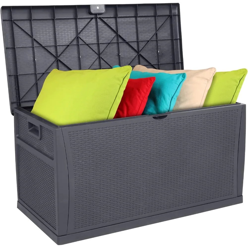 

Upgraded 120 Gallon Outdoor Storage Box, Lockable Plastic Storage Containers with Lid, Rattan Grain Surface Deck Box Patio Furn