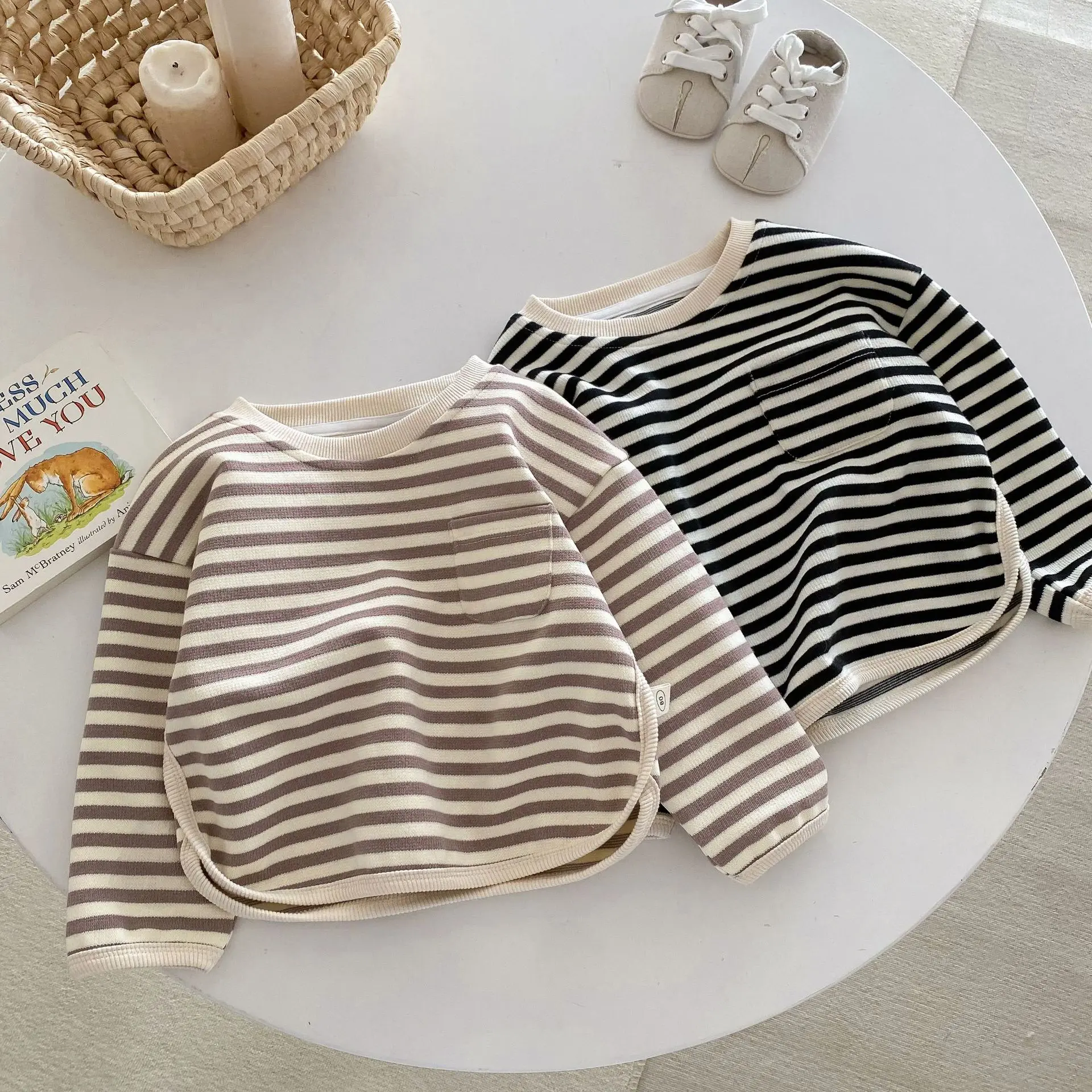 MILANCEL New 2024 Autumn Children\'s Hoodies 1-5Y Boys Casual Striped Pullover Girls Loose O-neck Sweatshirt Base Top
