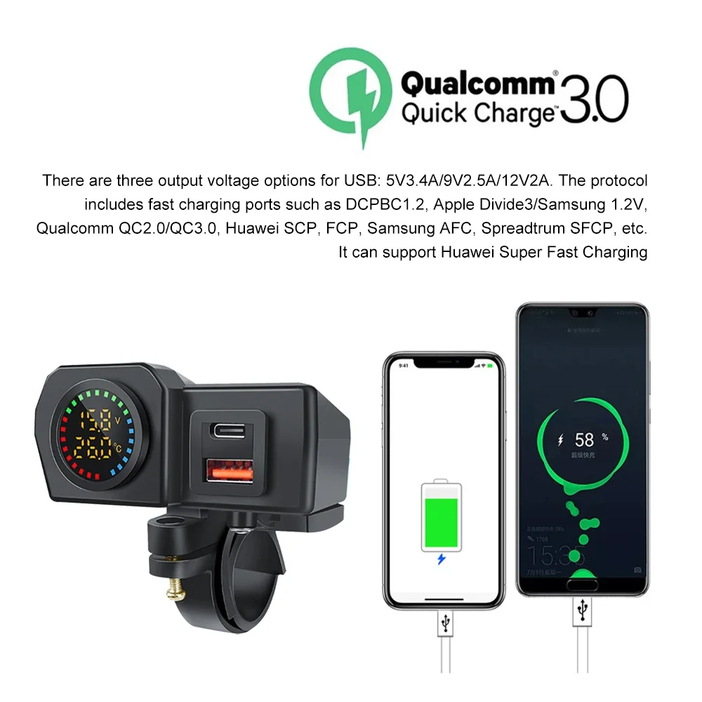 60W Motorcycle QC3.0 PD Charger Socket USB Type-C Fast Charging Motorcycle Charger Plug Voltmeter Thermometer Digital Display
