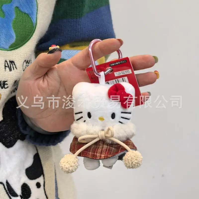 Cartone animato Hello Kitty Portachiavi in peluche Kawaii Anime Sanrio Mantello scozzese Kt Ciondolo in peluche Peluche Borsa Decorazione con cerniera Regali