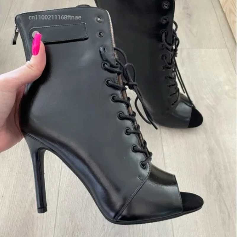 Damen-Tanzstiefeletten mit Fischmaul-Design, Schnürung, Ausschnitten, schmalem Absatz, für Frühling und Sommer, Jazz-Party, Aufführung – Detail 4