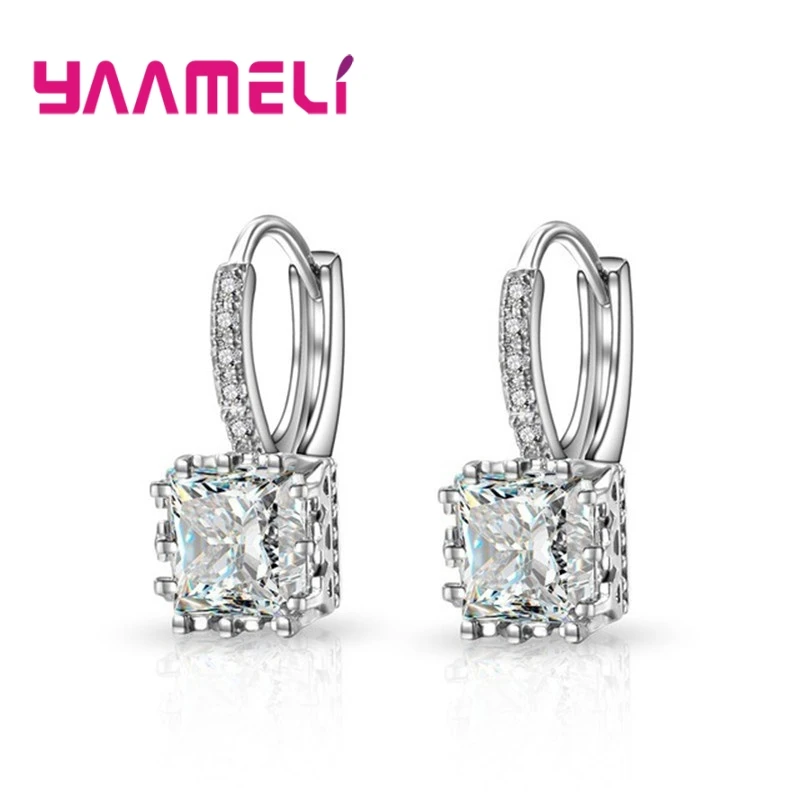 925 Sterling Silver French Earwires Earrings Shiny Square Cubic Zircon Leverback Woman Wedding Party Jewelry