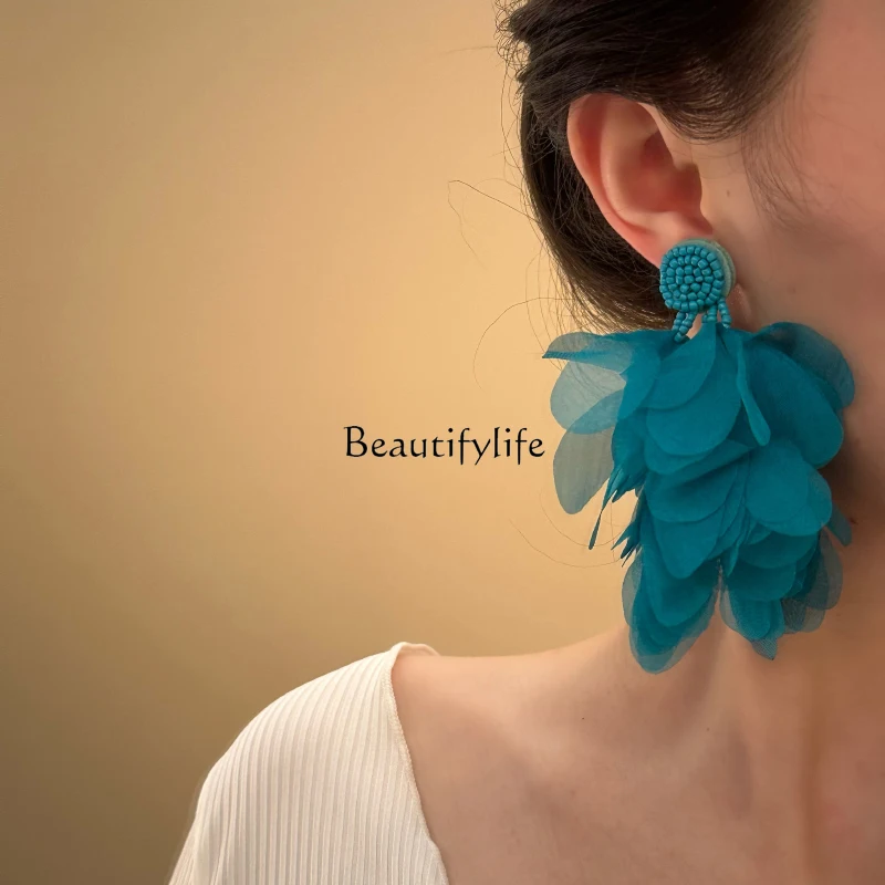 Bohemian tulle petal fringed earrings high-end exaggerated earrings