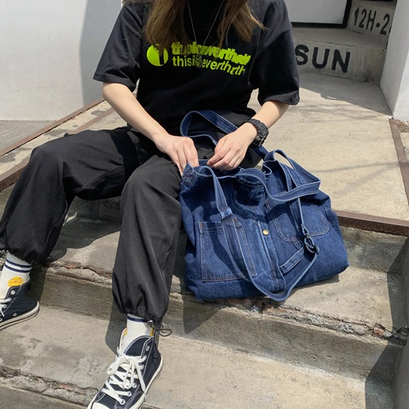 NEW-New Net Red Denim Shoulder Messenger Bag Casual Wild Portable Shopping Bag Canvas Tote Female Bag