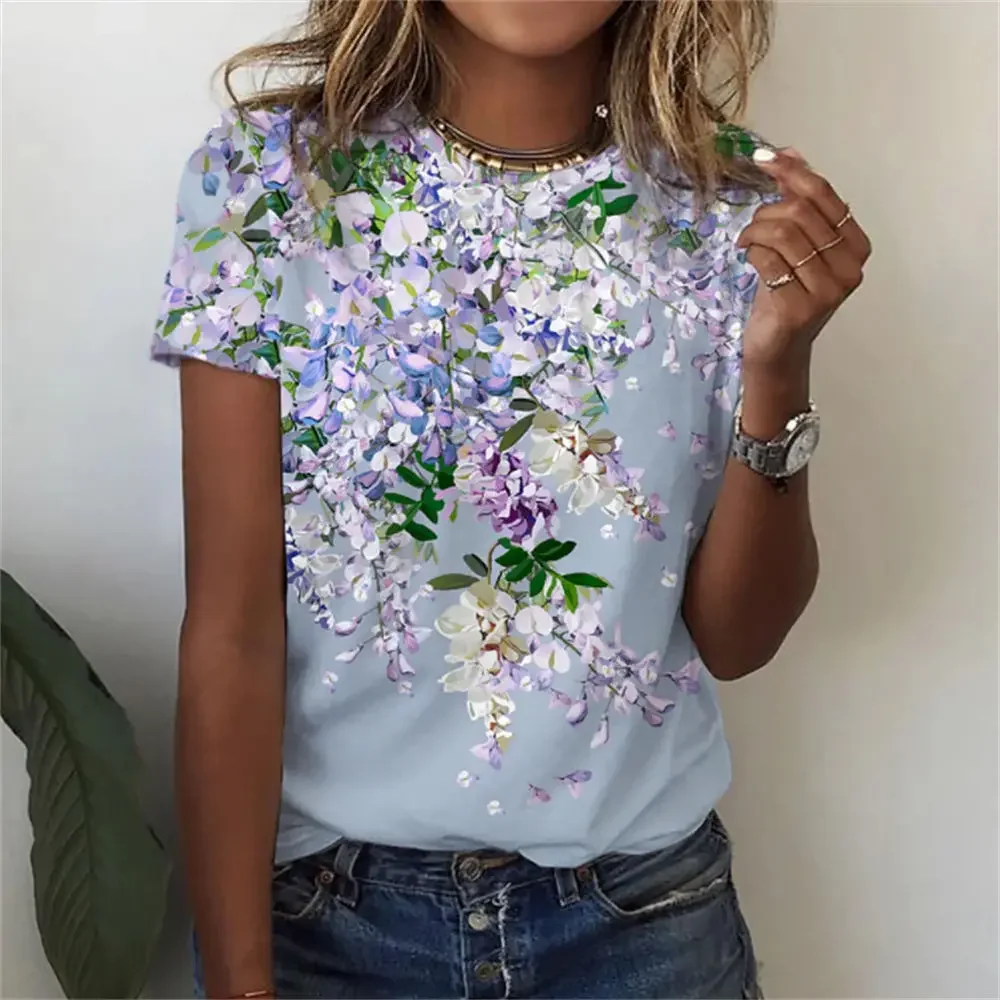 Camiseta floral 3D feminina com estampa, mangas curtas, camisetas na moda, roupas soltas, tops grandes, roupas Y2K, verão, novo