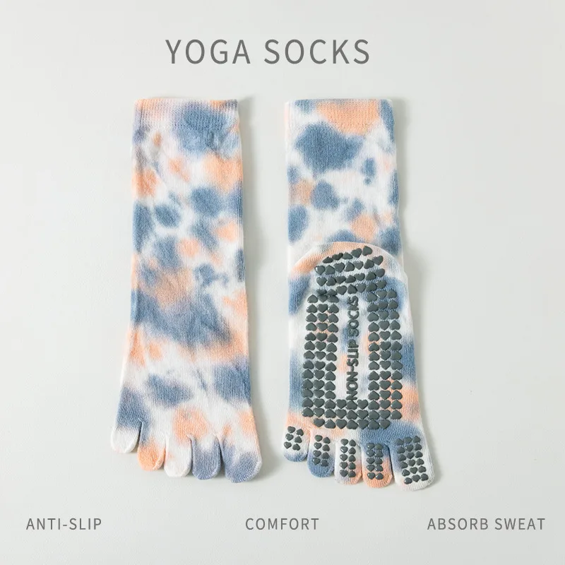 Yoga Socks Women Five Toe Cotton Tie-dyed Crew Silicone Non-slip Grip Pilates Sock