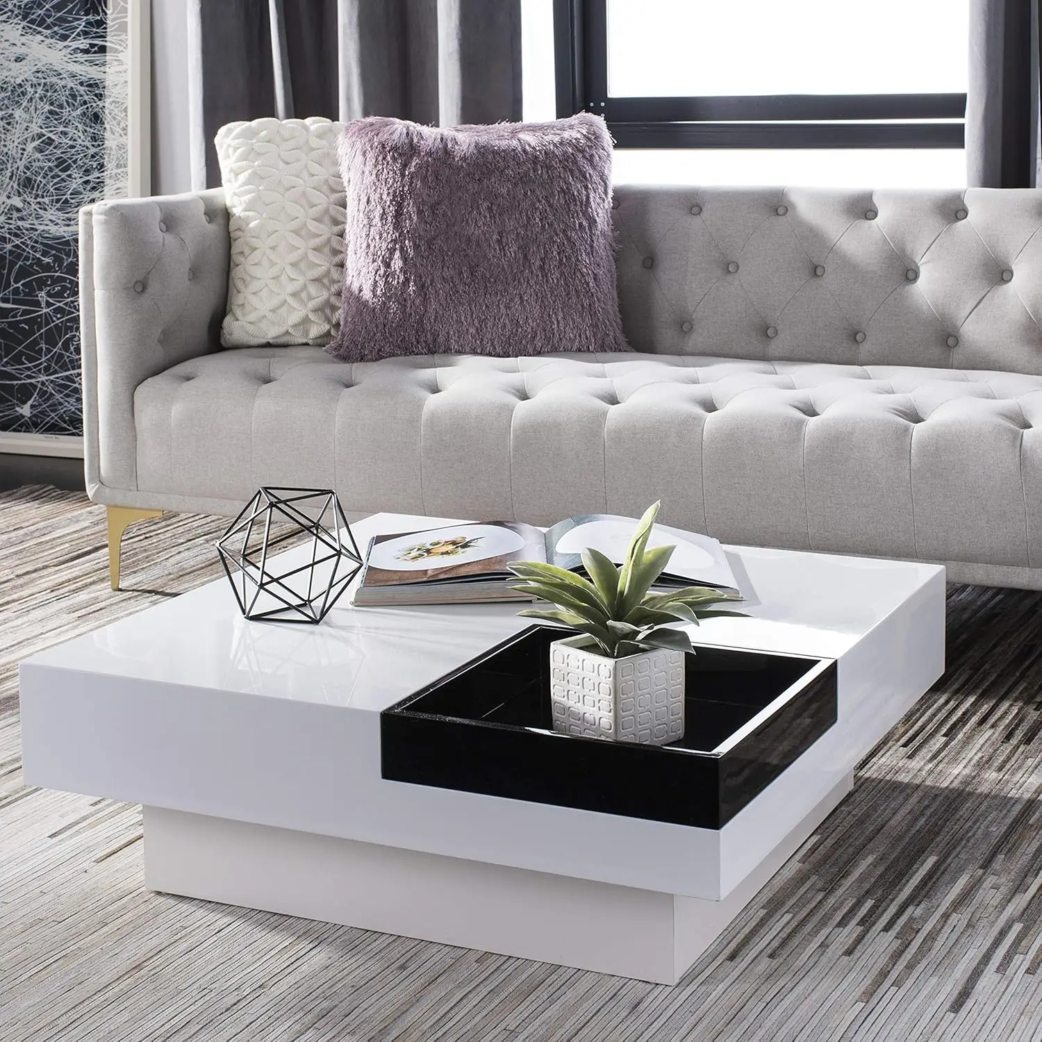 

35.4in Square Coffee Table Wood Top Storage Shelf Living Room White Black 90x90x30cm, Customized