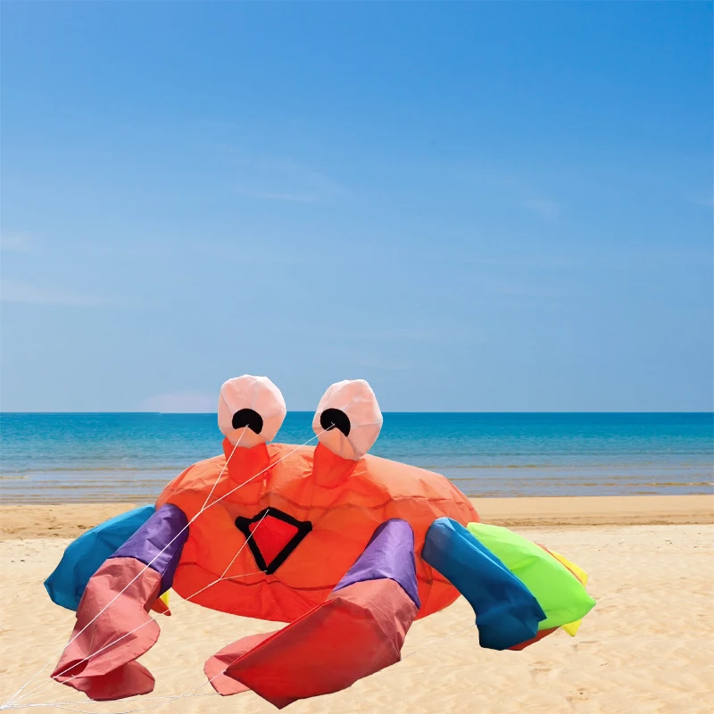 

Adults fly kites on the beach, bouncing with the wind. Large crabs fly kites on the ground. People fly kites on the grass in par