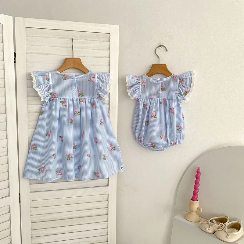 2026 New Summer 2-6Yrs Princess Round Neck Dress Striped Baby Girl Dress Flying Sleeve Cotton Embroidery Blue Sweet Dress