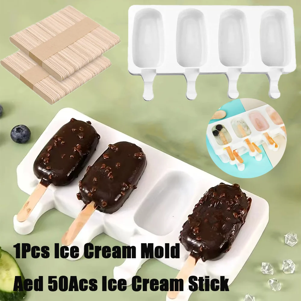 Silikon-Eisform-Kombination, 1 Stück Eiscreme-Form mit 50 Stück Eiscreme-Stick, selbstgemachtes Getränk, Eis am Stiel-Werkzeug, Backzubehör