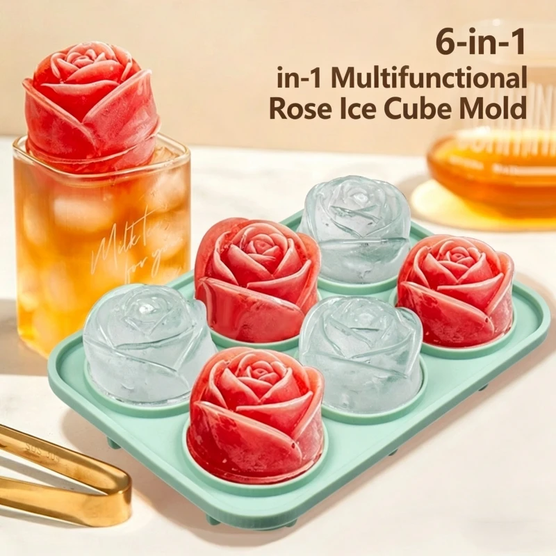 

Food grade silicone 6-link rose ice tray with no funnel, buckle, leak proof DIY whiskey ice mold, ice cube mold